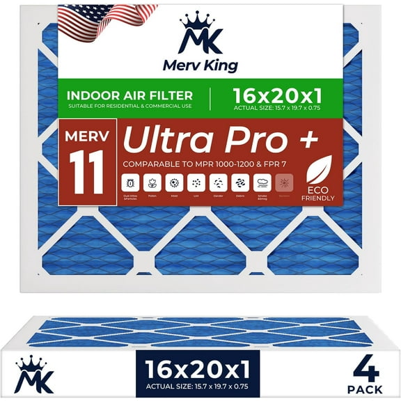 MervKing 16x20x1 Air Filter | MERV 11 | MPR 1000-1200 Ultra Pro | 4-Pack | Pleated HVAC AC Furnace Replacement Air Filters | Actual Size: 15.7" x 19.7" x 0.75"