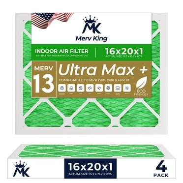 MervKing 16x20x1 Air Filter | MERV 13 | MPR 1500 - 1900 Ultra Plus | 4-Pack | Pleated HVAC AC Furnace Replacement Air Filters | Actual Size: 15.7" x 19.7" x 0.75"