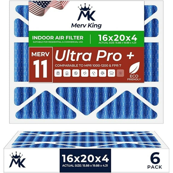 MervKing 16x20x4 Air Filter | MERV 11 | MPR 1000-1200 Ultra Pro | 6-Pack | Pleated HVAC AC Furnace Replacement Air Filters | Actual Size: 15.88" x 19.88" x 4.31"