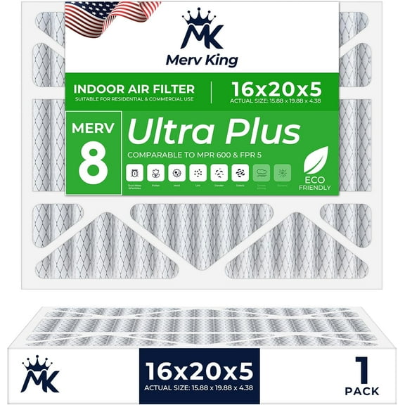 MervKing 16x20x5 Air Filter | MERV 8 | MPR 600-700 Ultra Plus | 1-Pack | Pleated HVAC AC Furnace Replacement Air Filters | Actual Size: 15.88" x 19.88" x 4.38"