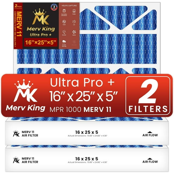 MervKing 16x25x5 Air Filter | MERV 11 | MPR 1000-1200 Ultra Plus | 2-Pack | Pleated HVAC AC Furnace Replacement Air Filters | Actual Size: 15.88" x 24.88" x 4.38"