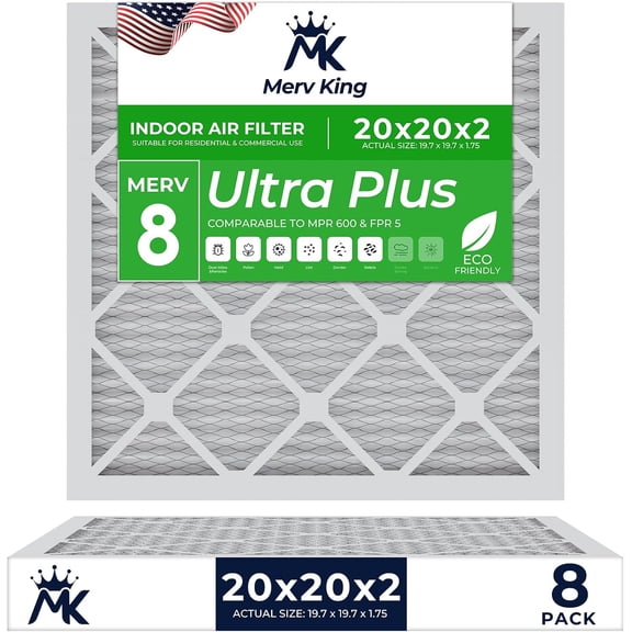 MervKing 20x20x2 Air Filter | MERV 8 | MPR 600-700 Ultra Plus | 8-Pack | Pleated HVAC AC Furnace Replacement Air Filters | Actual Size: 19.7" x 19.7" x 1.75"