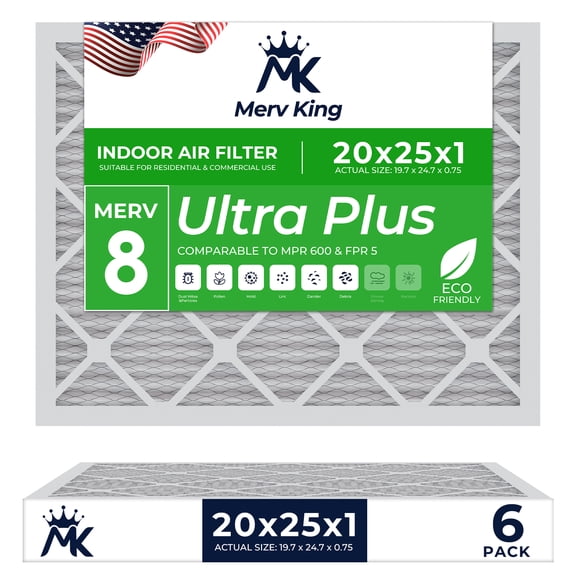 MervKing 20x25x1 Air Filter | MERV 8 | MPR 600 - 700 Ultra Plus | 6-Pack | Pleated HVAC AC Furnace Replacement Air Filters | Actual Size: 19.7" x 24.7" x 0.75"