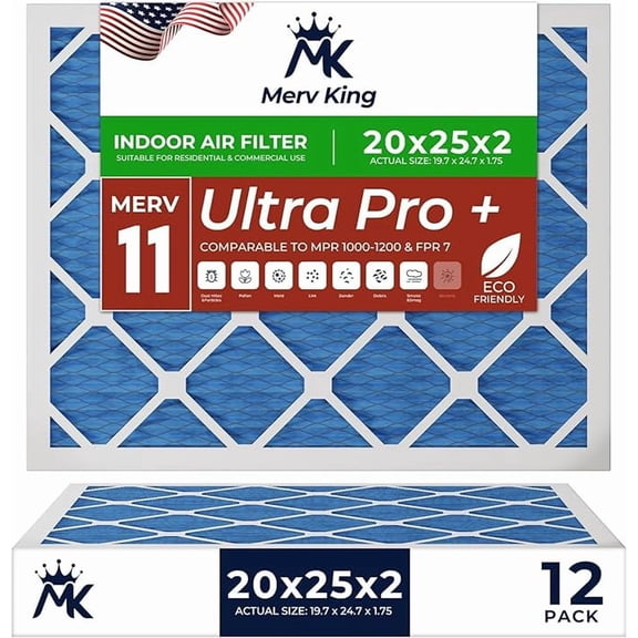 MervKing 20x25x2 Air Filter | MERV 11 | MPR 1000-1200 Ultra Pro | 12-Pack | Pleated HVAC AC Furnace Replacement Air Filters | Actual Size: 19.7" x 24.7" x 1.75"