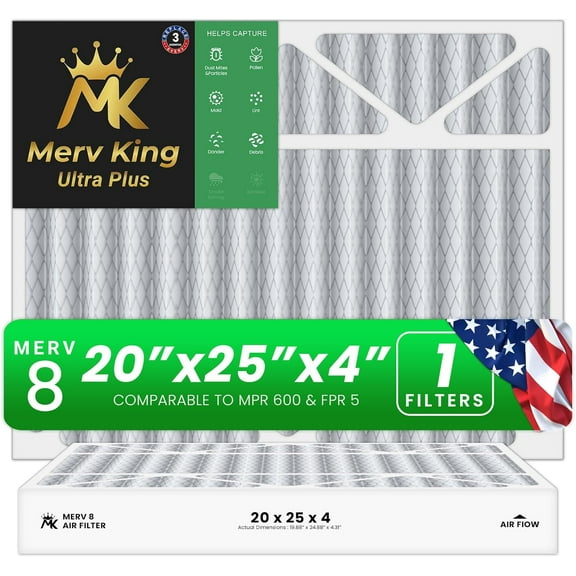 MervKing 20x25x4 Air Filter | MERV 8 | MPR 600-700 Ultra Plus | 1-Pack | Pleated HVAC AC Furnace Replacement Air Filters | Actual Size: 19.88" x 24.88" x 4.31"
