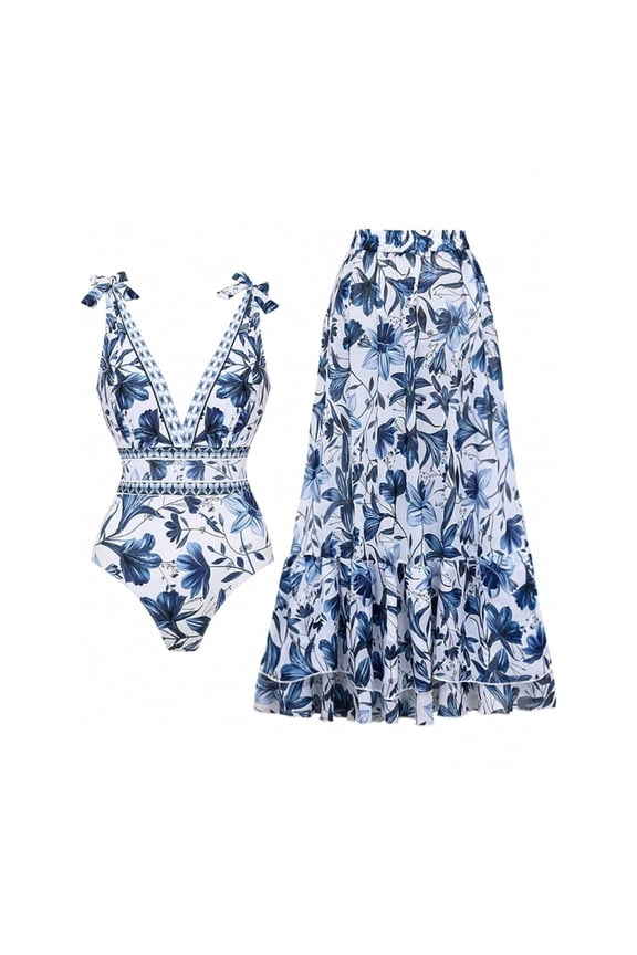 Blue and White V Neck Lace Up Strip Plant Prints One Piece Swimsuit and Skirt/Sarong