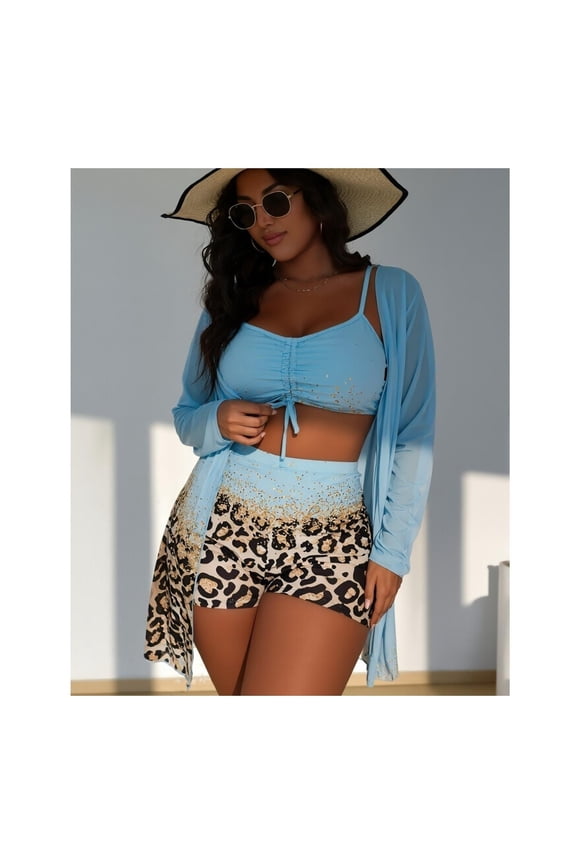 Plus size leopard print goldenglitter drawstring 3pcs Summer Beach Plus Size LeopardPrint Bikini Set With Patchwork Design swimsuits