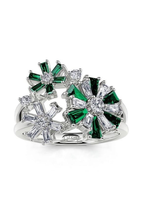 1.4 Ct Round Cut Brilliant Diamond Ring - 14K White Gold Plated Floral Wedding Ring - Birthstone Flower Engagement Ring for Her - Women's Unique Green Diamond Jewelry