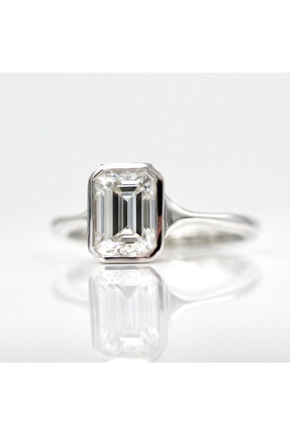 1.6 Ct Emerald Cut Lab Created Diamond Ring for Women - 14K White Gold Plated Bezel Setting - Perfect Engagement Ring for Proposals, Anniversaries, and Special Occasions - Elegant Gift