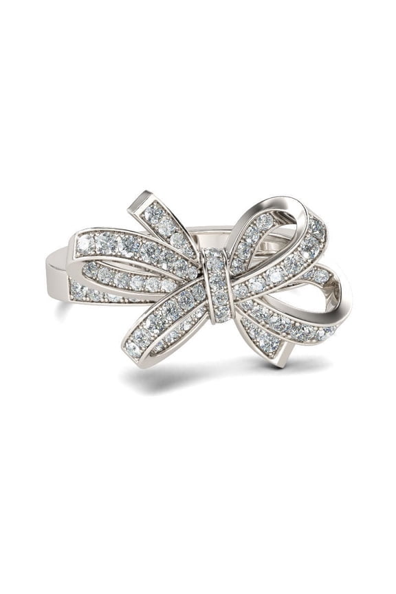 Brilliant 1.2 Ct Round Cut Diamond Ring - 14K White Gold Plated Rings for Her - Crisscross Bow Jewelry Gift - Shiny Bow Ring for Women's - Modern Silver Accessories