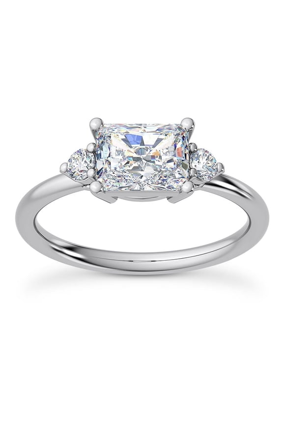 ry East West Three Stone Engagement Ring 1.57 Ct Radiant Cut Moissanite in 14K White Gold Plated Ring for Women - Perfect Anniversary Moissanite Ring for Her - Sparkling Jewelry