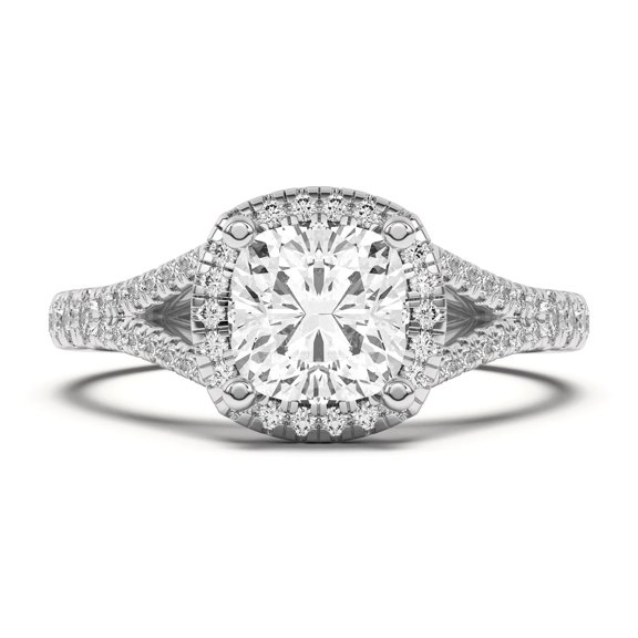 Meryn Jewelry Split Shank Halo Engagement Ring - 14K White Gold Plated 1.5 Ct Cushion Cut Moissanite Engagement Ring - Gorgeous Jewelry for Women - Perfect for Life’s Memorable Moments