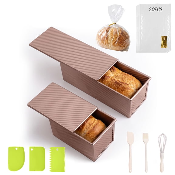 Merzark 2-Pack Carbon Steel Loaf Pans with Lids & Tools, 2LB/1LB, Rose Gold
