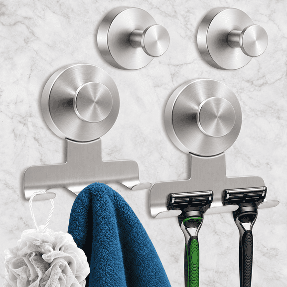 Merzark Stainless Steel Suction Cup Razor Holder and Heavy-Duty Hook Set, 4 Piece, Brushed Silver, Shower Wall Mount for Loofah and Towel, No Drill, Rust Resistant, Bathroom Use