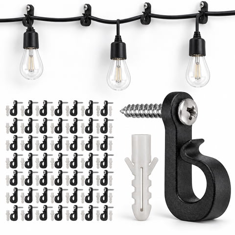 Merzark 60 pack ABS Screw Hooks with Safety Buckle for Outdoor String Lights, LED Fairy Lights, Christmas Decor, Patio, Fence, Black