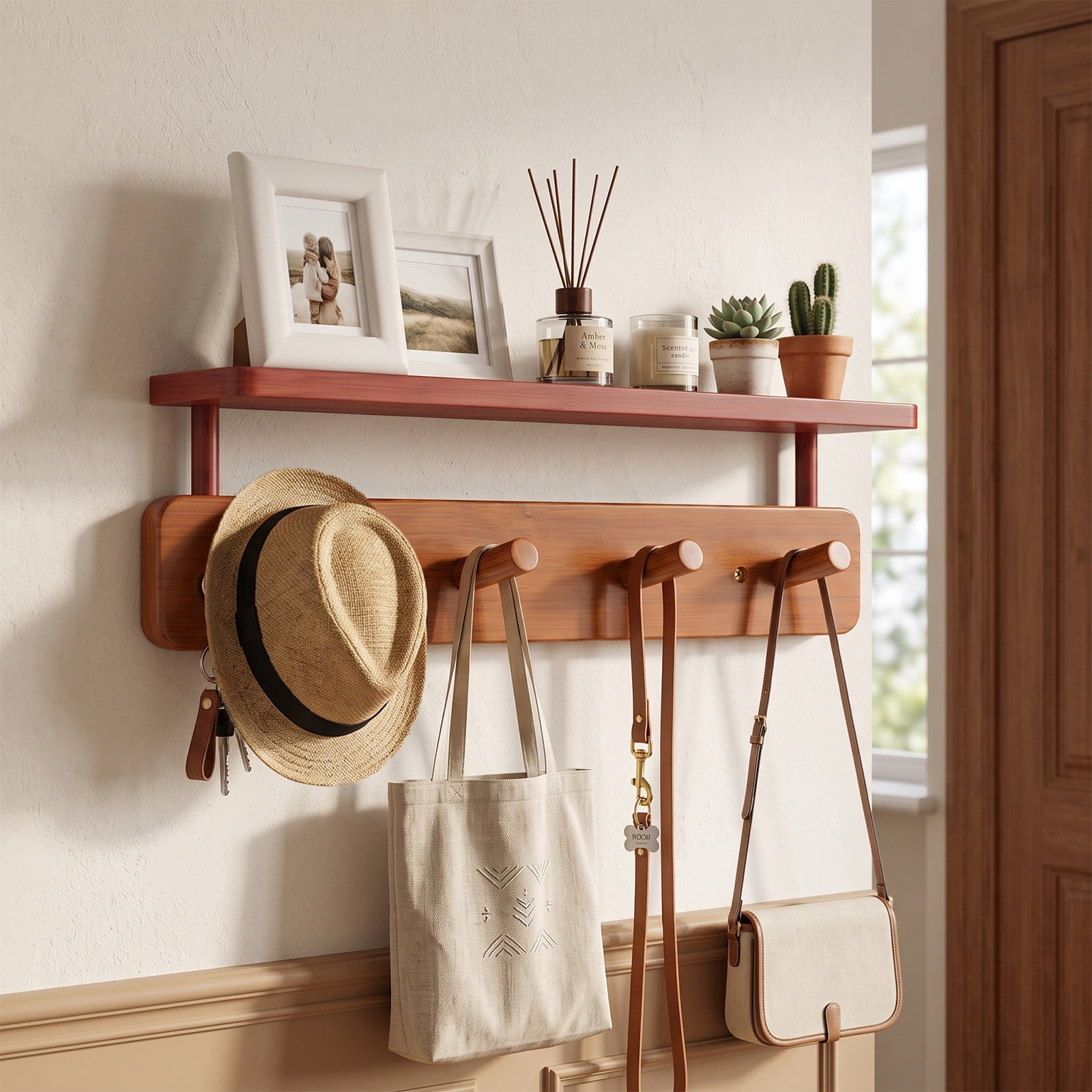 Wall Moount Rack Merzark Bamboo Wall Mounted Coat Rack with Shelf, 4 Hooks Entryway Wall ...
