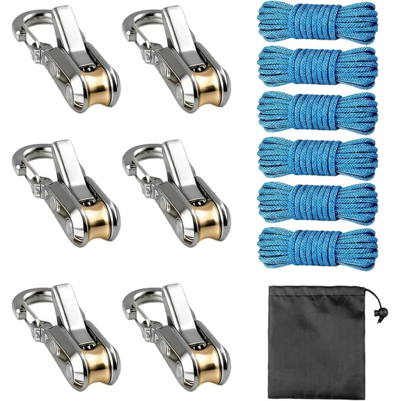 Merzark 6-Pack Metal Rope Tensioners with Roller Cam, 9ft 1/8" Reflective Blue Nylon Cord & Storage Bag, Heavy Duty Guy Line Adjusters for Tent, Tarp, Canopy, and Camping