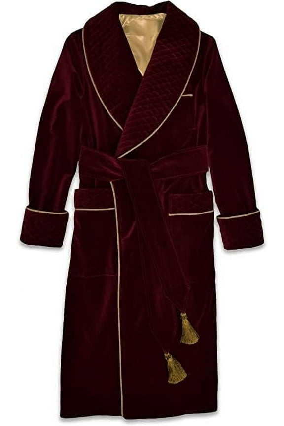 Mes's Smoking Robe, Maroon Quilted Velvet Smoking House Wear Hosting Vintage Christmas Dressing Gown 