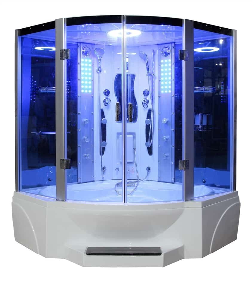 Mesa Blue Glass Steam Shower with Jetted Massage Tub