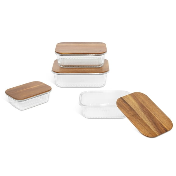 Mesa Living Ribbed Glass Food Storage Set with Wood Lids, 4pc Set