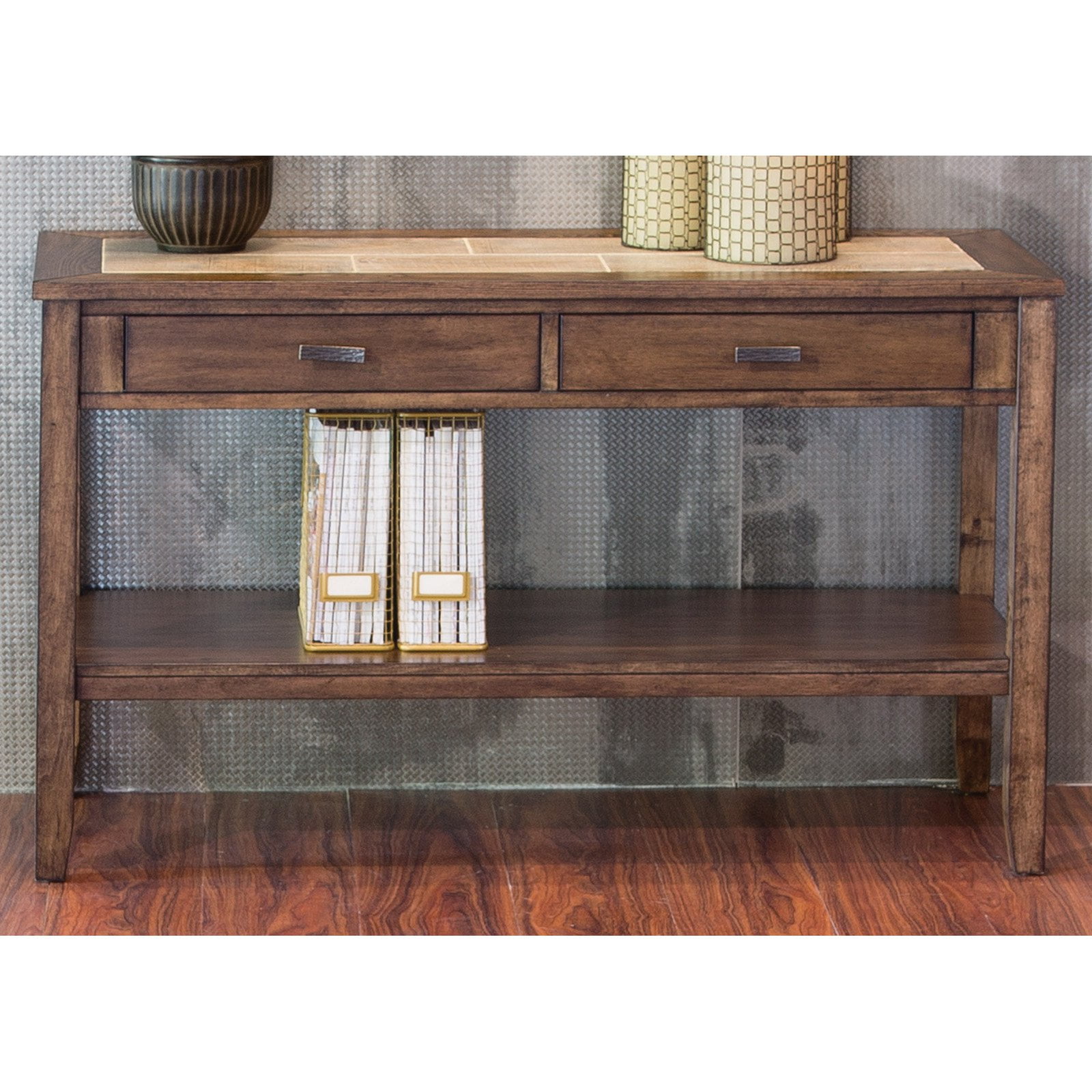 Rustic Mesa Valley Tobacco Brown Sofa Table with Ceramic Tile Top