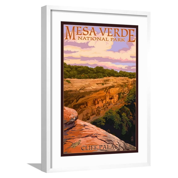 Art.com Mesa Verde National Park, Colorado - Cliff Palace at Sunset Art Print by Lantern Press, White Frame Wall Art, 21" x 29"