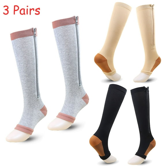 MesaSe 3 Pairs Compression Socks for Women Zipper Compression Socks Calf Knee High Stocking Open Toe Compression Socks for Walking Runnng Hiking and Sports Use Compression Socks Funny Socks