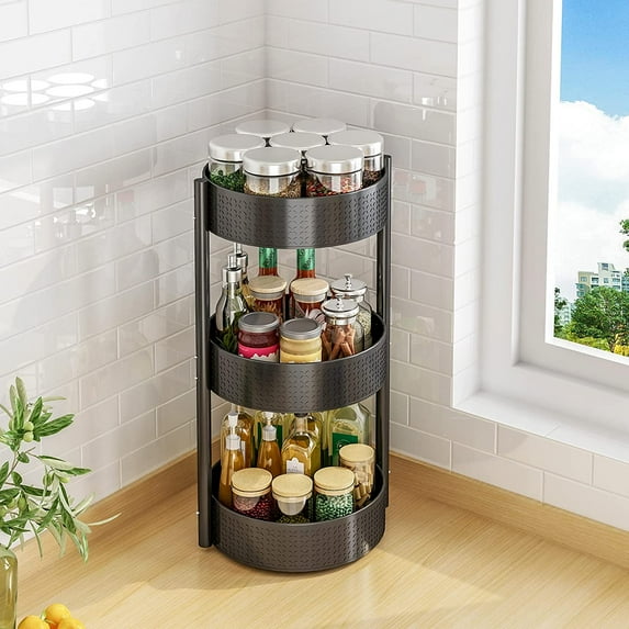 MesaSe 3 Tier Lazy Turntable Spice Rack Organizer Steel 360 Degree Rotatable Rack Stand for Kitchen Cabinet Kitchen Countertop Pantry Storage Bathroom (Black)