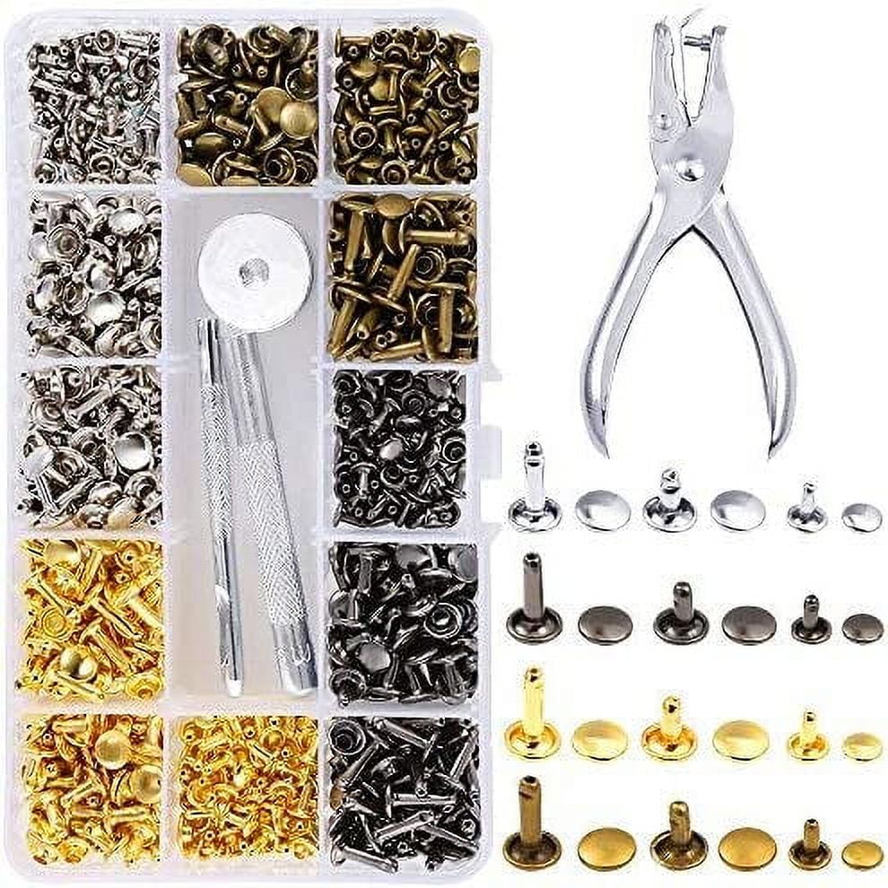 MesaSe 480 Sets 3 Sizes Double Cap Leather Rivets Tubular Metal Studs with 4 Fastener Tools and Punch Pliers for Crafts Shoes Bags Belts Repair Decoration 4 Colors