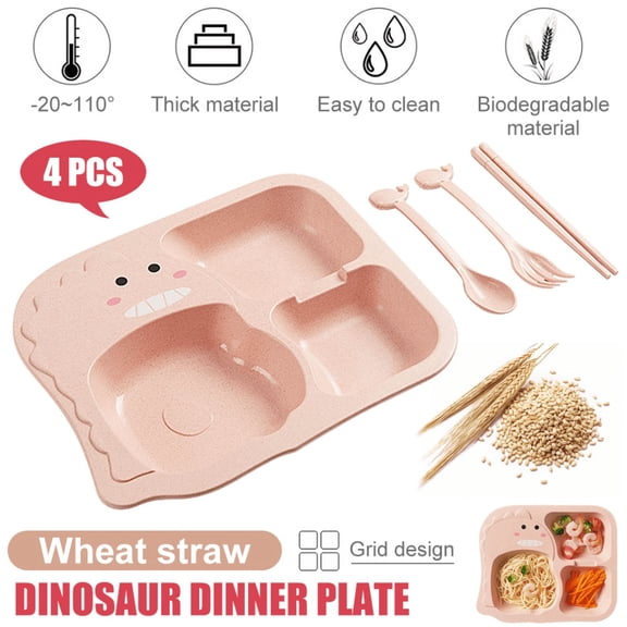 MesaSe 4Pcs/Set Wheat Stalk Kids Dinnerware Set - Children Dishes - Food Plate Spoon Fork Set Dishware, Cartoon Tableware, Dishwasher Safe Kids Healthy Mealtime, BPA Free (Dinosaur)
