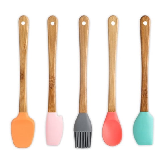 MesaSe 5 Pack Mini Spatulas Scrapers with Bamboo Handle for Scraping Cooking Baking Mixing Tools Set, Jar Spoon Spatula Kitchen Utensils, Mini Spatula Silicone, Kitchen Baking