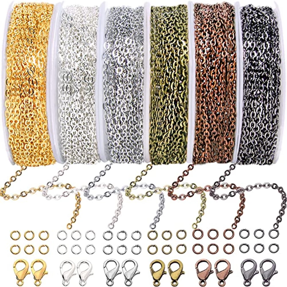 MesaSe 60 Feet Necklace Chains for Jewelry Making Supplies, Link Chain Rolls for Necklaces Earrings Bracelets Craft Findings 6 Colors 2mm Gold Silver Plated Metal Jewelry Making Kit