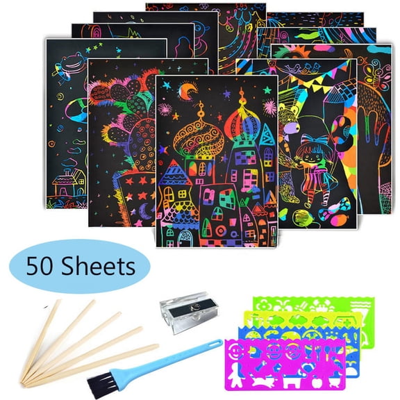 MesaSe 7.48*5.11" Scratch Paper Art Set, 50 Pcs Rainbow Magic Scratch Paper for Kids, Black Scratch Art Crafts Notes Boards Sheet with 5 Wooden Stylus for Easter, Party, Christmas Gift