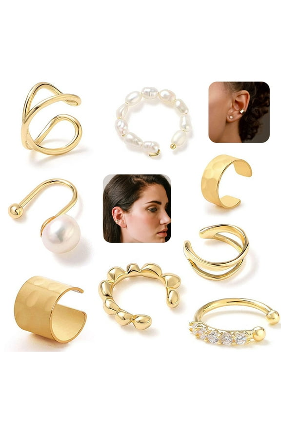 8 Pcs Sparkling Ear Cuff pack Gold Dainty Helix Earrings Huggie Stud Cuff Earrings for women Earring Set | Clip On Cartilage non pierced-Jewelry Gifts