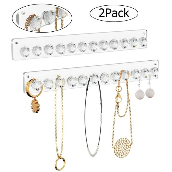 MesaSe Acrylic Necklace Holder Set of 2, Wall Mounted Jewelry Organizer Hanging with 12 Diamond Shape Hooks Clear Necklaces Hangers for Necklace, Bracelet