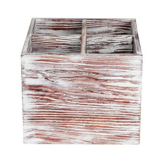 MesaSe All-in-One Tabletop Caddy, Rustic Style Utensil Organizer, 4 Section Storage for Silverware, Napkins, Paintbrushes, Crafting Supplies, Painted Wood, Brown