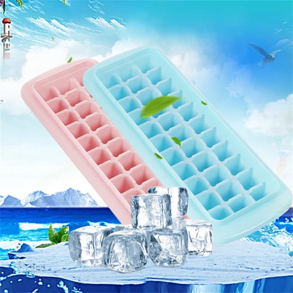 MesaSe Ice Cube Tray With Lid and Bin 33 Nugget Silicone Ice Tray For Freezer with Ice Container Bucket, Scoop and Cover (Pink)