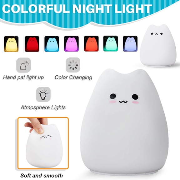 MesaSe LED Cat Night Light, Battery Powered Silicone Cute Cat Nursery Lights with Warm White and 7-Color Breathing Modes for Kids Baby Children (Mini Adorkable Cat)