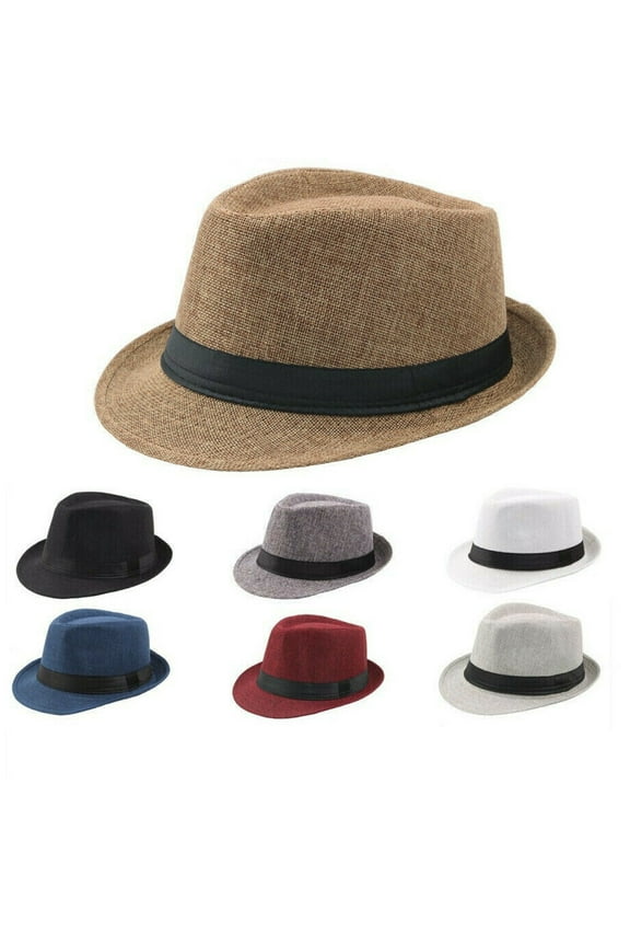 Men Women Straw Fedora Hat Trilby Cuban Sun Cap Panama Short Brim Floral Summer