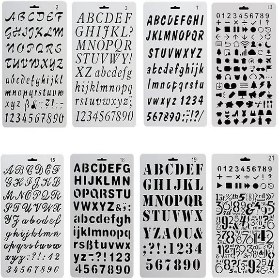 MesaSe Plastic Bullet Journal Stencil Template Set of 8 with Letters Number Alphabet Symbol for Planner, Notebook etc