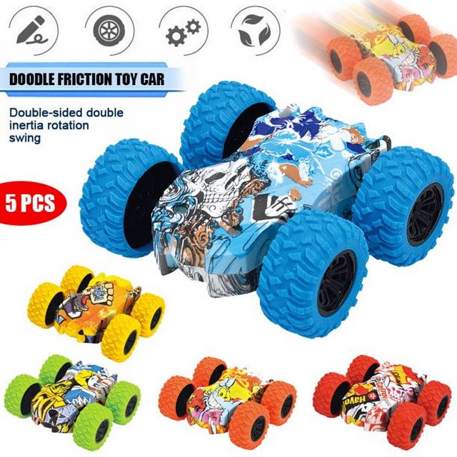 MesaSe Pull Back Toy Car,Friction Inertia Rotation Stunt Graffiti 4Wheel Double Side Drive Toy