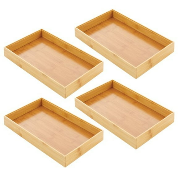MesaSe Wide Bamboo Kitchen Cabinet & Fridge Drawer Organizer Tray - Storage Bin for Cutlery, Serving Spoons, Cooking Utensils, Appliances - Echo Collection, 4 Pack, Natural Wood
