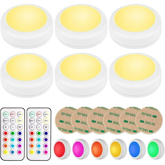 MesaSe Wireless Under Cabinet Lighting, LED Puck Lights with Remote Control, Battery Powered Lights, Stick on Lights, Color Changing Lights with Dimmer and Timer, AA Battery Operated, 6 Pack