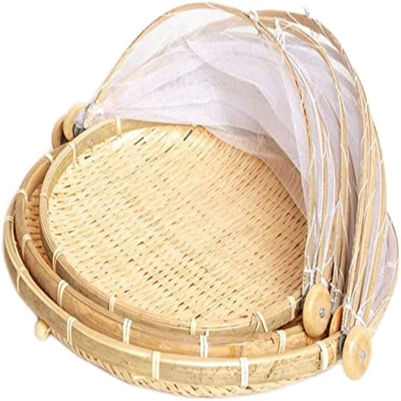 Mesase 3-Piece Bamboo Food Serving Basket Set with Mesh Covers - Hand-Woven Insect-Proof Trays for Fruit, Veg, Bread & Drying (S/M/L) - Also Available Individually