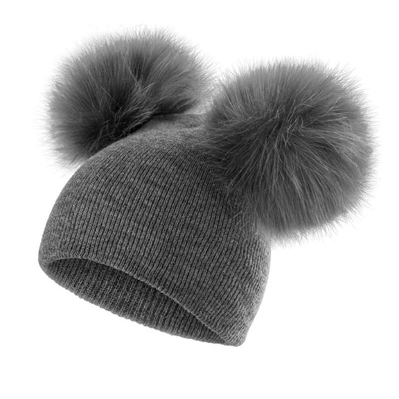 Mesase Kids Winter Knit Hat with Detachable Faux Fur Pom Poms, Soft Windproof Beanie for Toddlers Baby Boys & Girls, Warm Cold Weather Cap