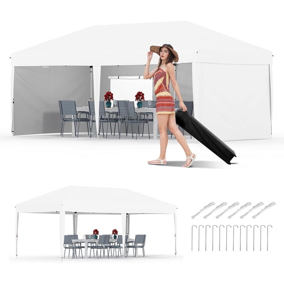 Mescukay 10'x 20' Pop up Canopy Tent with 210D Oxford Fabric, Portable Instant Commercial Canopy Including 4 Sidewalls 12 Stakes 6 Ropes 6 Sandbags for Farmers' Market, Wedding Event, Camping