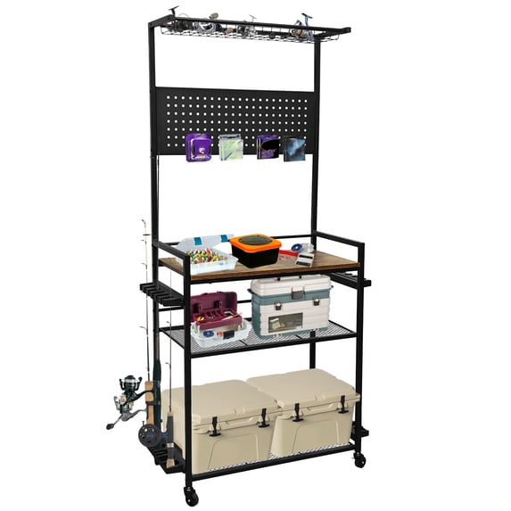 Mescukay 12 Rods Fishing Rod Holders for Garage, Fishing Rod Rack Storage, Heavy Duty Metal Fish Pole Holder Organizer with Pegboard and Wheels for Fish Gear and Equipment Accessories