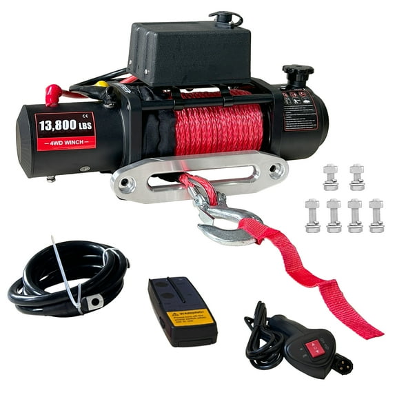Mescukay 13800lbs Electric Vehicle Winch, Waterproof IP67 85ft Red Synthetic Rope Truck Winch with Wireless Handheld Remote, 12V Power Winch for Towing UTV Off Road Vehicle