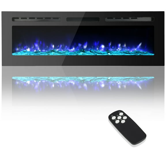 Mescukay 60-inch Electric Fireplace, 5120 BTU Heat Output, 12 Flame Color, Wall-Mounted or Recessed, Timer, Quiet Operation, Multicolor Flame, Faux Logs, Crystal Stones