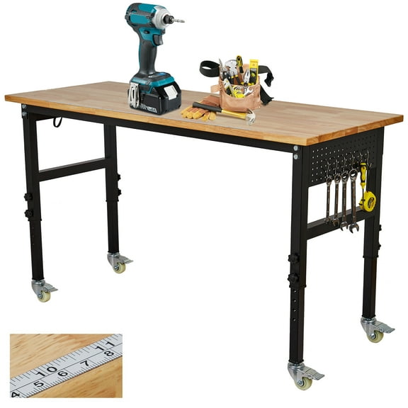 Mescukay 70" x 24" Workbench with Power Outlet, 2000 LBS Load Capacity Adjustable Work Bench with Peg Board, Wheels, 8 Adjustable Heights Heavy Duty Work Table for Garage, Workshop, Home, Office